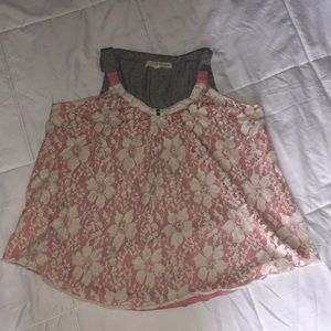 Flowy pink gray and white lace shirt